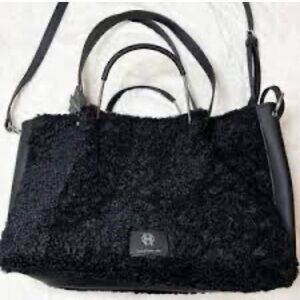 House of Harlow 1960 - Black Furry Sherpa / Vegan Leather‎ Tote Bag-